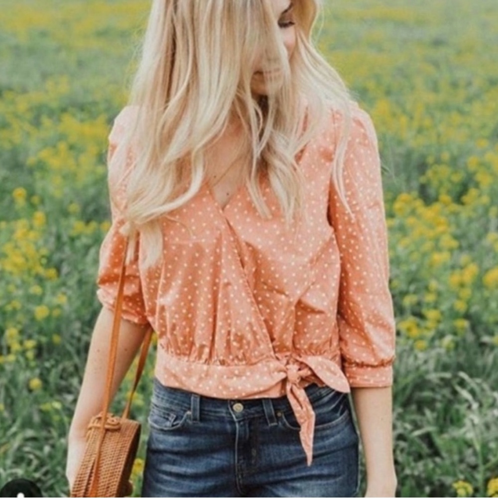 Madewell Cotton Wrap Top Shirt‎ w/ Tie in Coral Peach Star Scatter Size XS NEW